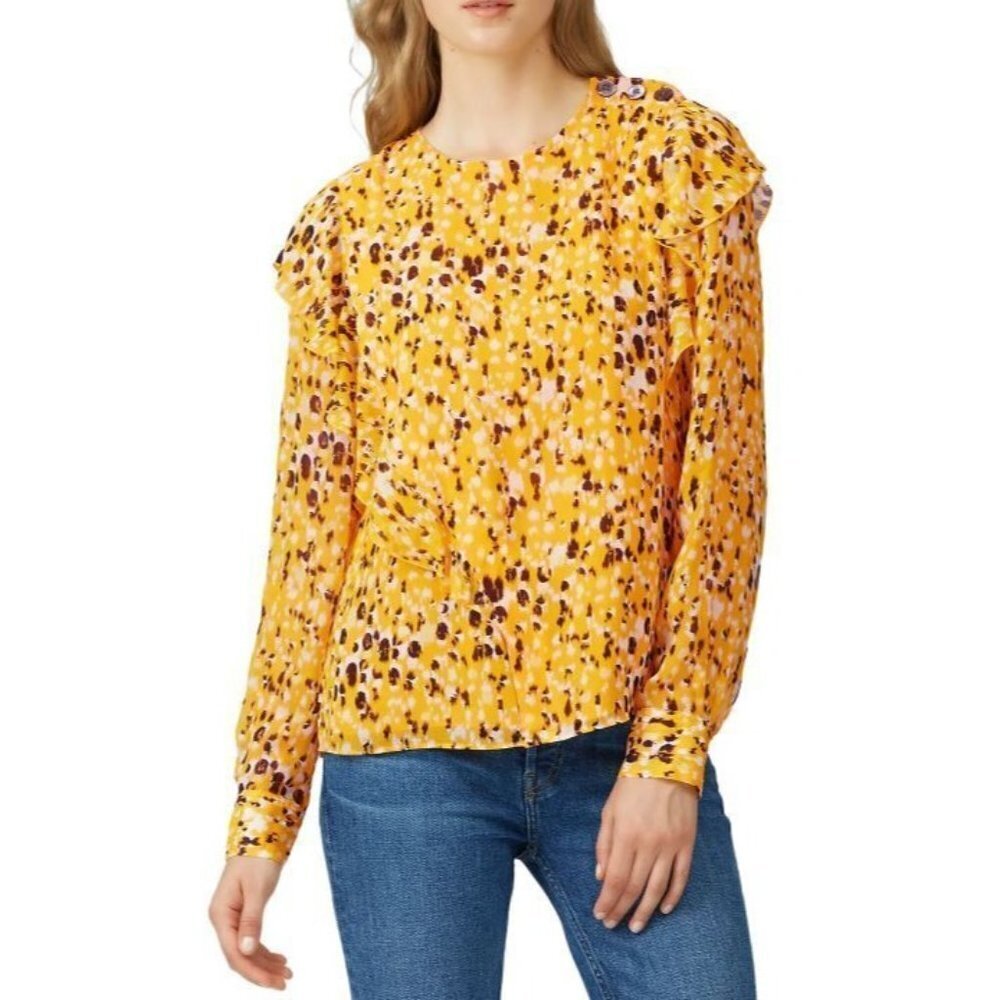 Derek Lam 10 Crosby Yellow Printed Crepe Ruffle Blouse Size 4 Top